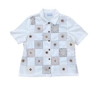 Alfred adunner white beaded button up blouse women's 14 Petite